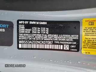2022 BMW M4 with VIN WBS53AZ02NCK07087, listed as a Copart auction lot 47795225 with 20,563 mi miles and Salvage Title. Bid and sale history available at carsss.com. Image 12.