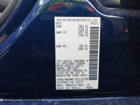 2021 Nissan Altima 2.5 S with VIN 1N4BL4BV0MN381699, listed as a IAAI auction lot 41986811 with 56,886 mi miles. Bid and sale history available at carsss.com. Image 9.