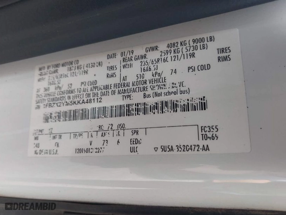 2019 Ford Transit Passenger Wagon XL with VIN 1FBZX2YM5KKA48112, listed as a IAAI auction lot 41518013 with 163,856 mi miles. Bid and sale history available at carsss.com. Image 9.