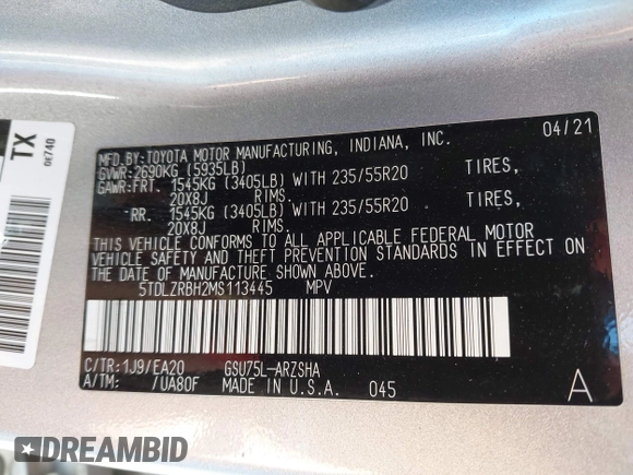 2021 Toyota Highlander XSE с VIN 5TDLZRBH2MS113445, выставлен на аукционе IAAI как лот 42578724 с пробегом 48 279 миль миль и . История ставок и продаж доступна на DreamBid. Изображение 9.