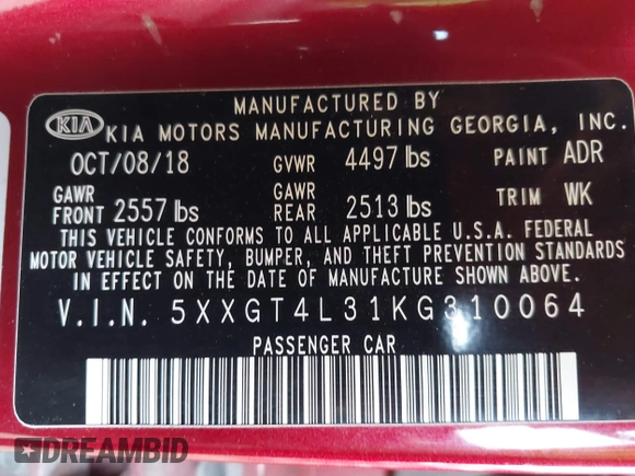 2019 Kia Optima LX with VIN 5XXGT4L31KG310064, listed as a IAAI auction lot 41703047 with 177,590 mi miles. Bid and sale history available at carsss.com. Image 9.