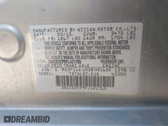 2015 Nissan Note S with VIN 3N1CE2CP9FL421765, listed as a IAAI auction lot 41503191 with 157,474 mi miles and . Bid and sale history available at DreamBid. Image 9.
