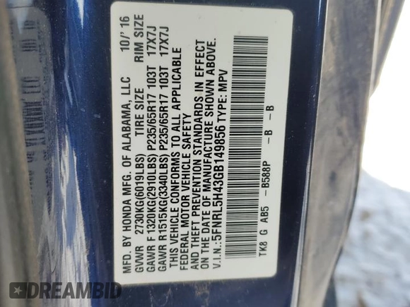 2016 Honda Odyssey EX z VIN 5FNRL5H43GB149856, wystawiony jako Copart lot #44591485 z przebiegiem 109 658 mil mil oraz Szkoda całkowita • Salvage title. Historia ofert i sprzedaży dostępna na DreamBid. Obrazek 14.