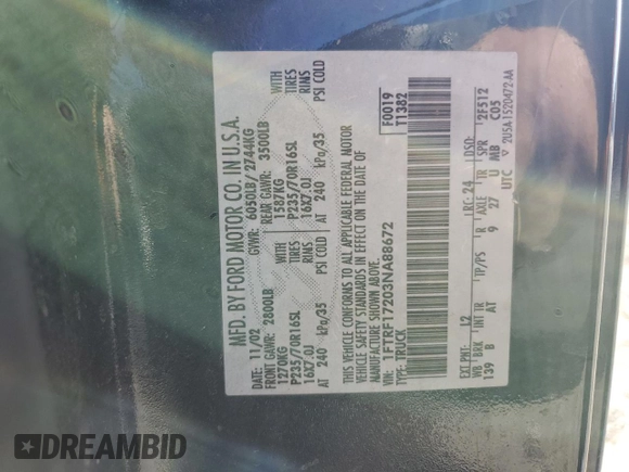 2003 Ford F-150 XL with VIN 1FTRF17203NA88672, listed as a Copart auction lot 49455585 with 471,132 mi miles and Salvage Title. Bid and sale history available at DreamBid. Image 12.