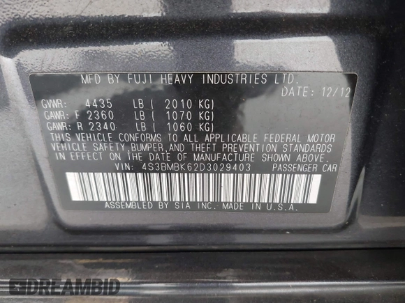 2013 Subaru Legacy Limited с VIN 4S3BMBK62D3029403, выставлен на аукционе IAAI как лот 42478813 с пробегом 63 421 миль миль и . История ставок и продаж доступна на DreamBid. Изображение 9.