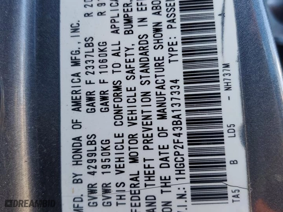 2011 Honda Accord Sdn LX-P with VIN 1HGCP2F43BA137334, listed as a Copart auction lot 50717175 with 174,657 mi miles and Salvage Title. Bid and sale history available at carsss.com. Image 12.