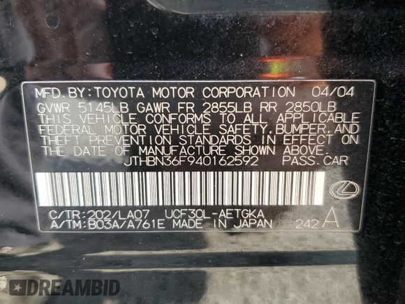 2004 Lexus LS 430 z VIN JTHBN36F940162592, wystawiony jako Copart lot #59467195 z przebiegiem 130 867 mil mil oraz Czysty tytuł • Clean title. Historia ofert i sprzedaży dostępna na DreamBid. Obrazek 12.