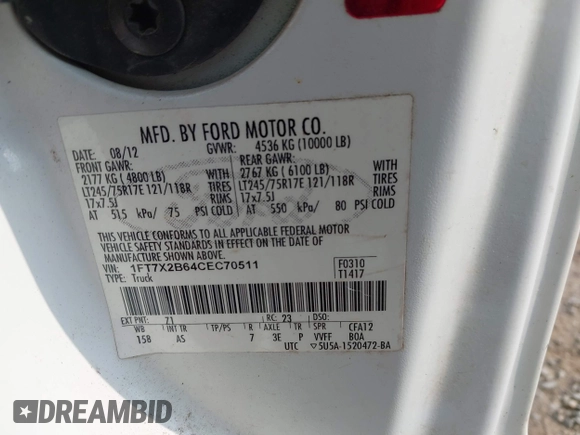 2012 Ford F-250 XL z VIN 1FT7X2B64CEC70511, wystawiony jako IAAI lot #42637624 z przebiegiem 252 372 mil mil oraz . Historia ofert i sprzedaży dostępna na DreamBid. Obrazek 9.