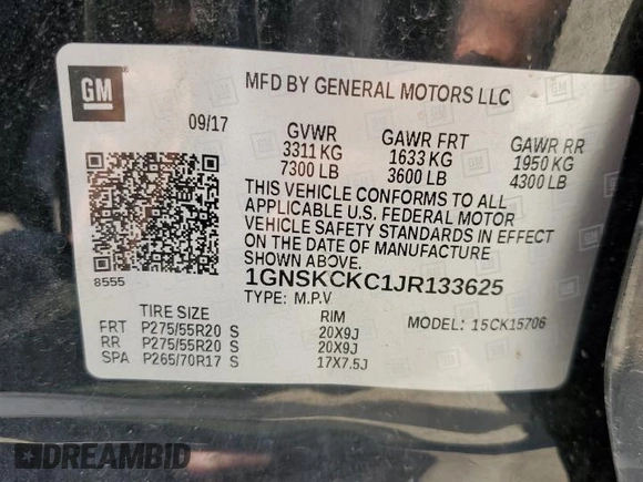 2018 Chevrolet Tahoe Premier with VIN 1GNSKCKC1JR133625, listed as a Copart auction lot 54900974 with 130,921 mi miles and Salvage title. Bid and sale history available at DreamBid. Image 15.