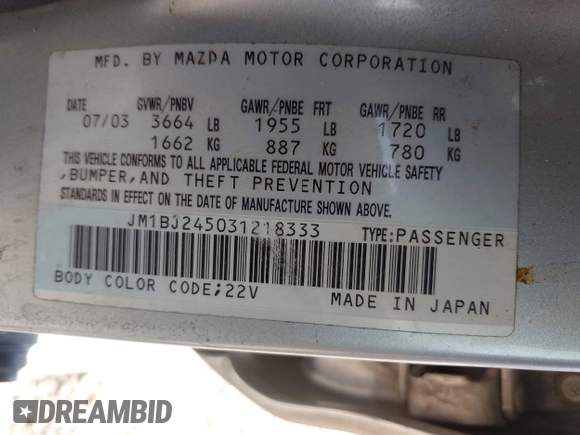 2003 Mazda Protege with VIN JM1BJ245031218333, listed as a IAAI auction lot 42070471 with 181,748 mi miles and . Bid and sale history available at DreamBid. Image 9.