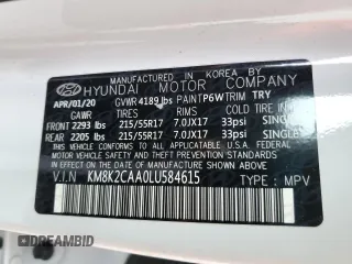 2020 Hyundai Kona SEL with VIN KM8K2CAA0LU584615, listed as a Copart auction lot 61799882 with 32,206 mi miles. Bid and sale history available at carsss.com. Image 10.