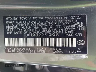 2005 Lexus ES 350 with VIN JTHBA30G755142486, listed as a IAAI auction lot 42530117 with 161,293 mi miles and . Bid and sale history available at DreamBid. Image 9.