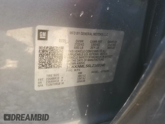 2020 GMC Acadia SLT with VIN 1GKKNMLS6LZ160340, listed as a Copart auction lot 57523595 with 90,546 mi miles and Salvage title. Bid and sale history available at DreamBid. Image 13.
