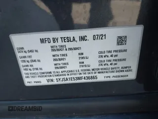 2021 Tesla Model S Long Range with VIN 5YJSA1E53MF436865, listed as a IAAI auction lot 41384837 with 20,829 mi miles and . Bid and sale history available at DreamBid. Image 9.