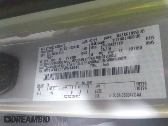 2023 Ford F-150 Lightning Pro с VIN 1FT6W1EV6PWG14545, выставлен на аукционе IAAI как лот 42065698 с пробегом 18 882 миль миль и . История ставок и продаж доступна на DreamBid. Изображение 9.
