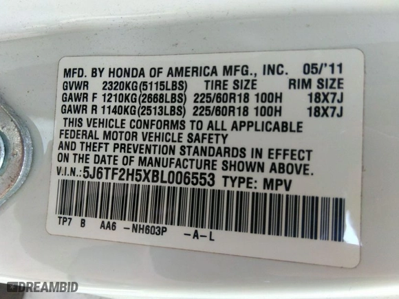 2011 Honda Accord Crosstour EX-L with VIN 5J6TF2H5XBL006553, listed as a IAAI auction lot 36499865 with 114,337 mi miles. Bid and sale history available at carsss.com. Image 9.