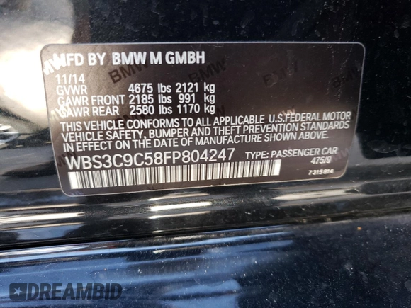 2015 BMW M3 z VIN WBS3C9C58FP804247, wystawiony jako Copart lot #50446713 z przebiegiem Nie podano mil oraz Szkoda całkowita • Salvage title. Historia ofert i sprzedaży dostępna na DreamBid. Obrazek 12.