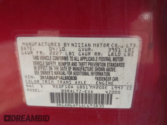 2010 Nissan Sentra S with VIN 3N1AB6AP1AL693830, listed as a IAAI auction lot 42154144 with 97,477 mi miles and . Bid and sale history available at carsss.com. Image 9.