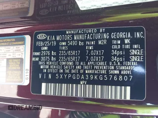 2019 Kia Sorento LX with VIN 5XYPGDA39KG576807, listed as a IAAI auction lot 42063866 with 53,899 mi miles. Bid and sale history available at carsss.com. Image 9.