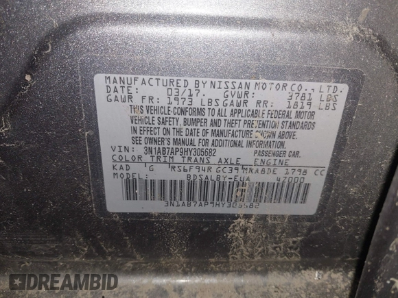 2017 Nissan Sentra S with VIN 3N1AB7AP9HY305682, listed as a IAAI auction lot 41764532 with 116,222 mi miles. Bid and sale history available at carsss.com. Image 9.