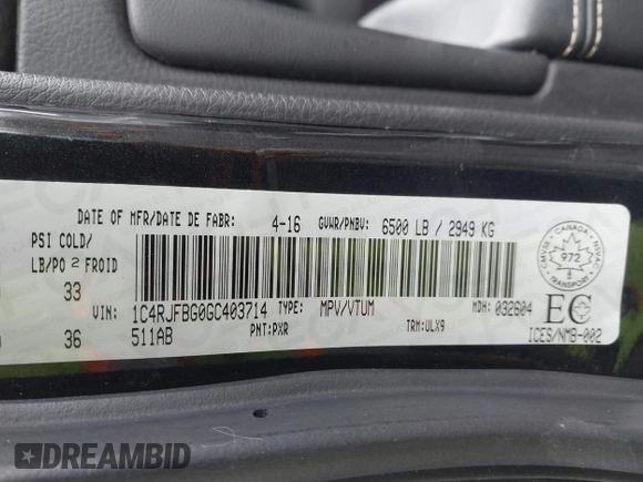 2016 Jeep Grand Cherokee Limited с VIN 1C4RJFBG0GC403714, выставлен на аукционе IAAI как лот 42019430 с пробегом 123 035 миль миль и . История ставок и продаж доступна на DreamBid. Изображение 9.
