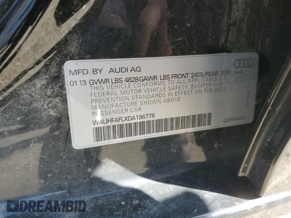 2013 Audi A4 Premium Plus with VIN WAUHFAFLXDA196776, listed as a Copart auction lot 71833604 with 85,051 mi miles and Salvage Title. Bid and sale history available at carsss.com. Image 12.