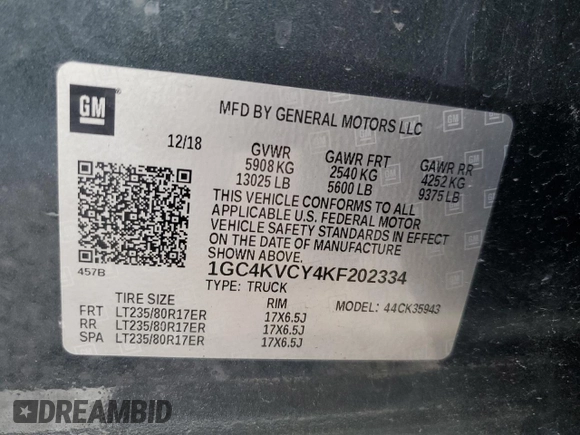 2019 Chevrolet Silverado 3500HD Work Truck with VIN 1GC4KVCY4KF202334, listed as a Copart auction lot 75926664 with 177,915 mi miles and Salvage Title. Bid and sale history available at carsss.com. Image 13.
