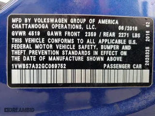 2016 Volkswagen Passat 1.8T SE w/Technology with VIN 1VWBS7A32GC069752, listed as a Copart auction lot 49905445 with 120,694 mi miles and Salvage Title. Bid and sale history available at carsss.com. Image 13.