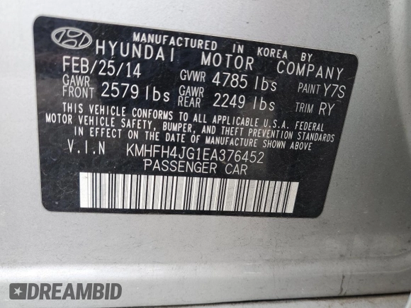 2014 Hyundai Azera Limited with VIN KMHFH4JG1EA376452, listed as a Copart auction lot 59703095 with 124,801 mi miles and Salvage title. Bid and sale history available at DreamBid. Image 12.