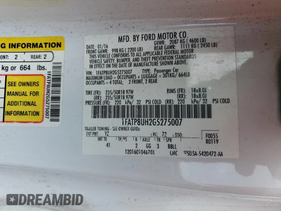 2016 Ford Mustang EcoBoost Premium with VIN 1FATP8UH2G5275007, listed as a Copart auction lot 59154105 with 84,689 mi miles and Salvage title. Bid and sale history available at DreamBid. Image 13.