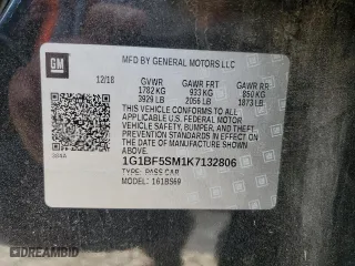 2019 Chevrolet Cruze Premier with VIN 1G1BF5SM1K7132806, listed as a Copart auction lot 73595624 with 0 mi miles and Non Repairable. Bid and sale history available at carsss.com. Image 13.
