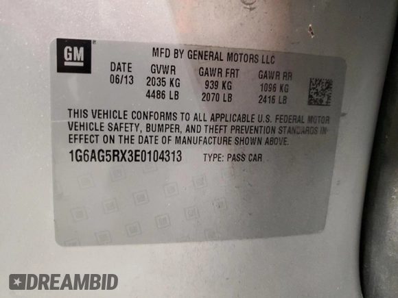 2014 Cadillac ATS Standard AWD with VIN 1G6AG5RX3E0104313, listed as a Copart auction lot 60358135 with 113,230 mi miles and Non repairable. Bid and sale history available at DreamBid. Image 12.