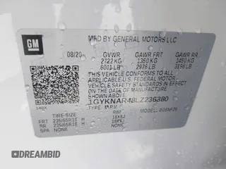 2020 Cadillac XT5 Luxury FWD with VIN 1GYKNAR48LZ236380, listed as a IAAI auction lot 41864893 with 41,585 mi miles and . Bid and sale history available at DreamBid. Image 9.