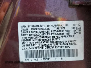 2013 Honda Pilot EX-L с VIN 5FNYF3H51DB005413, выставлен на аукционе Copart как лот 55438415 с пробегом 168 869 миль миль и На запчасти • Non repairable. История ставок и продаж доступна на DreamBid. Изображение 14.