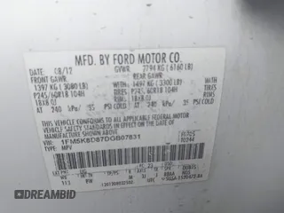 2013 Ford Explorer XLT with VIN 1FM5K8D87DGB07831, listed as a IAAI auction lot 42010689 with 202,306 mi miles and . Bid and sale history available at carsss.com. Image 9.