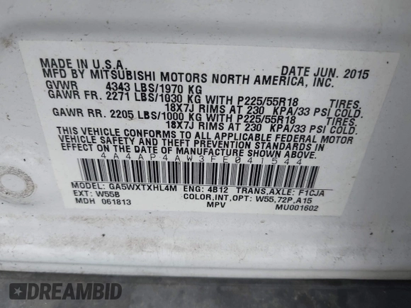 2015 Mitsubishi Outlander Sport 2.4 GT with VIN 4A4AP4AW3FE041544, listed as a IAAI auction lot 41873013 with 205,280 mi miles. Bid and sale history available at carsss.com. Image 9.