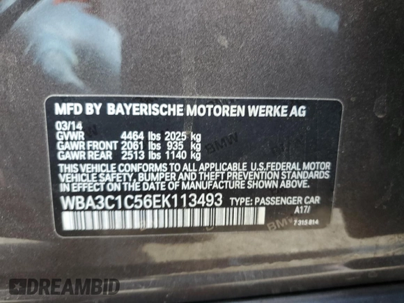2014 BMW 3 Series 328i with VIN WBA3C1C56EK113493, listed as a Copart auction lot 52188375 with 94,507 mi miles and Salvage title. Bid and sale history available at DreamBid. Image 14.