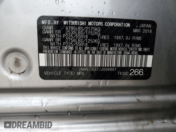 2018 Mitsubishi Outlander ES z VIN JA4AD2A37JJ004887, wystawiony jako Copart lot #51245625 z przebiegiem 114 654 mil mil oraz Szkoda całkowita • Salvage title. Historia ofert i sprzedaży dostępna na DreamBid. Obrazek 16.
