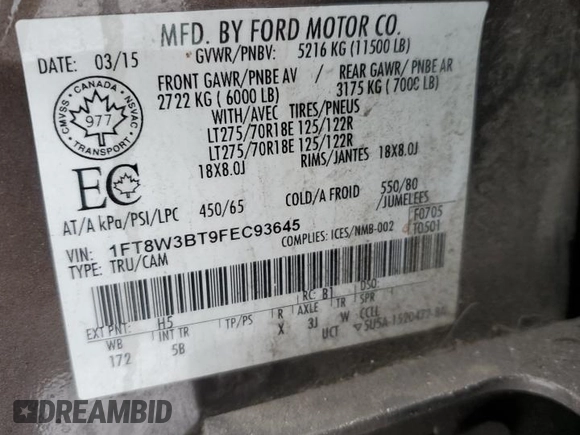 2015 Ford F-350 Platinum with VIN 1FT8W3BT9FEC93645, listed as a Copart auction lot 43228495 with 297,736 mi miles and Salvage Title. Bid and sale history available at DreamBid. Image 12.