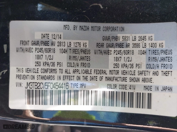 2015 Mazda CX-9 Touring with VIN JM3TB2CV5F0454416, listed as a IAAI auction lot 41781444 with 180,038 mi miles. Bid and sale history available at carsss.com. Image 9.