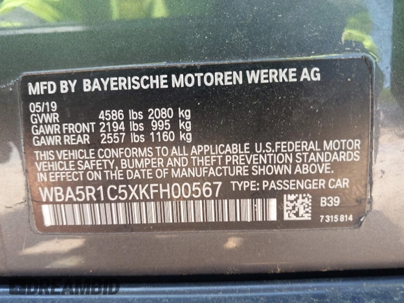 2019 BMW 3 Series 330i with VIN WBA5R1C5XKFH00567, listed as a IAAI auction lot 42076068 with 160,576 mi miles and . Bid and sale history available at DreamBid. Image 9.