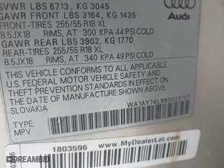 2009 Audi Q7 with VIN WA1AY74L99D023707, listed as a IAAI auction lot 41649568 with 166,968 mi miles. Bid and sale history available at carsss.com. Image 9.