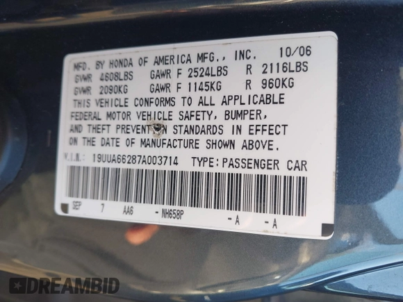 2007 Acura TL with VIN 19UUA66287A003714, listed as a IAAI auction lot 41490326 with 1 mi miles. Bid and sale history available at carsss.com. Image 9.
