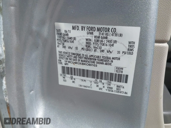 2011 Ford Escape Hybrid with VIN 1FMCU4K3XBKC60103, listed as a IAAI auction lot 42048614 with 125,354 mi miles and . Bid and sale history available at DreamBid. Image 9.