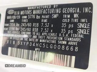 2020 Kia Telluride EX with VIN 5XYP34HC5LG008668, listed as a IAAI auction lot 42063077 with 59,480 mi miles and . Bid and sale history available at DreamBid. Image 9.
