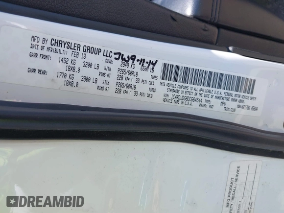 2013 Dodge Durango Crew with VIN 1C4RDJDG8DC664544, listed as a IAAI auction lot 42608957 with 202,564 mi miles and . Bid and sale history available at DreamBid. Image 9.