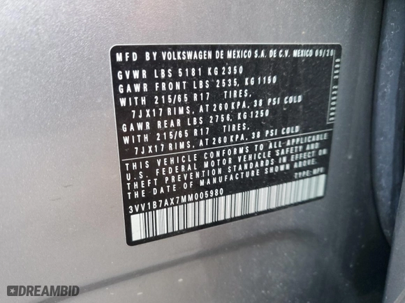2021 Volkswagen Tiguan S with VIN 3VV1B7AX7MM005980, listed as a Copart auction lot 42827715 with 34,940 mi miles and Salvage Title. Bid and sale history available at carsss.com. Image 14.