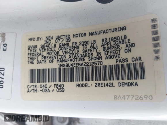 2010 Toyota Corolla с VIN 1NXBU4EE5AZ212570, выставлен на аукционе IAAI как лот 42363981 с пробегом 206 807 миль миль и . История ставок и продаж доступна на DreamBid. Изображение 9.