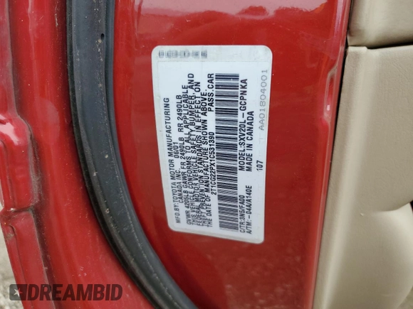 2001 Toyota Solara SE with VIN 2T1CG22PX1C531390, listed as a Copart auction lot 70049014 with 226,184 mi miles and Salvage Title. Bid and sale history available at DreamBid. Image 12.