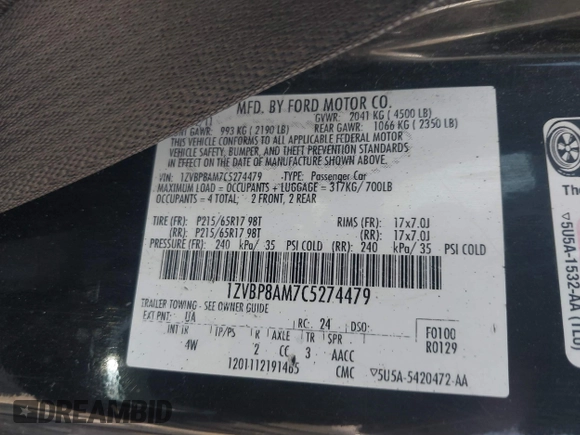 2012 Ford Mustang V6 Premium with VIN 1ZVBP8AM7C5274479, listed as a IAAI auction lot 41772945 with 174,759 mi miles. Bid and sale history available at carsss.com. Image 9.
